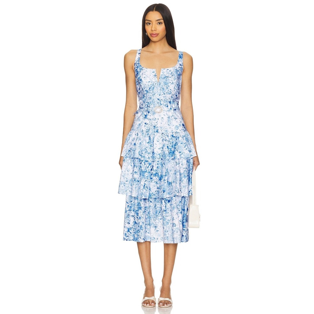 NWT Generation Love Celeste Floral Poplin Tiered Midi Dress Blue White Medium